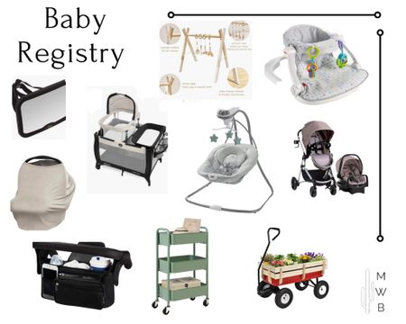 Baby registry essentials: pack n play travel set, travel system stroller and car seat, wagon, mom cozy stroller accessories, stroller handle organizer, car seat cover, mirror for car, wooden play gym, sit me up seat, baby swing, three tier cart for breastfeeding, bedside cart for postpartum. 

#LTKsalealert #LTKbaby #LTKbump