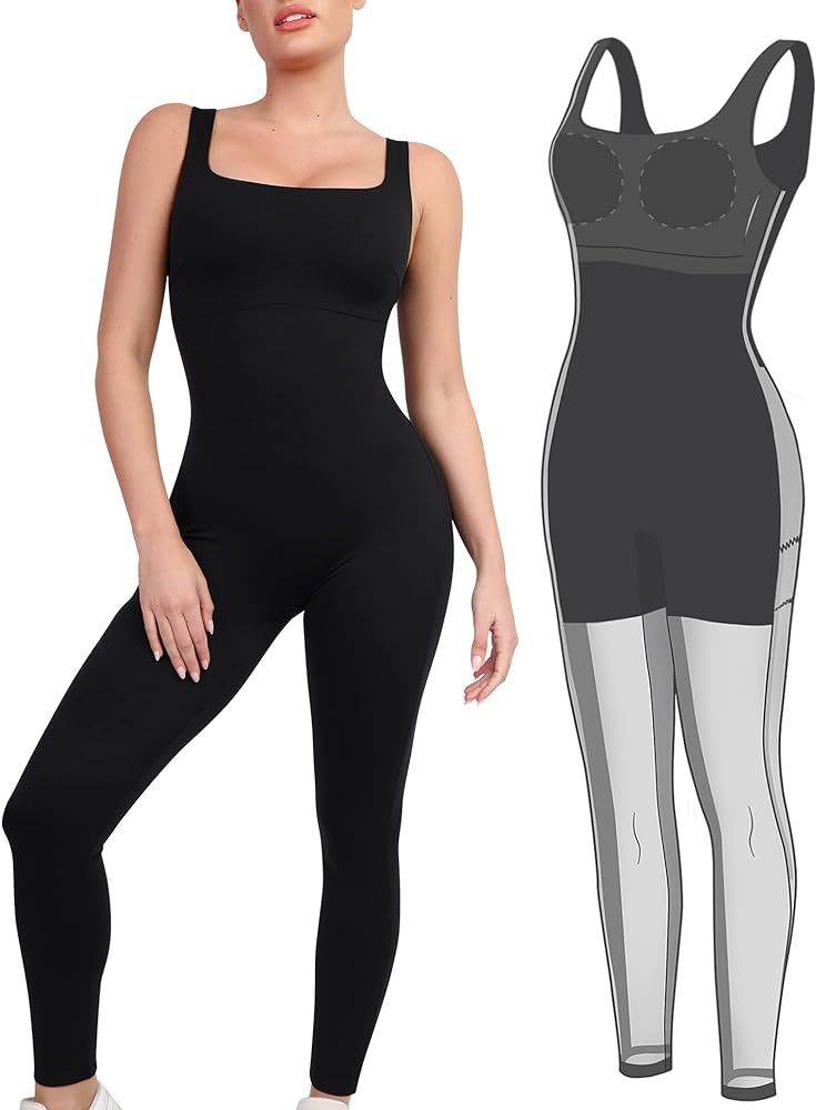 Popilush Jumpsuit for Women Built In Shapewear Square Neck Tummy Control Shapewear Bodysuit Sleev... | Amazon (US)
