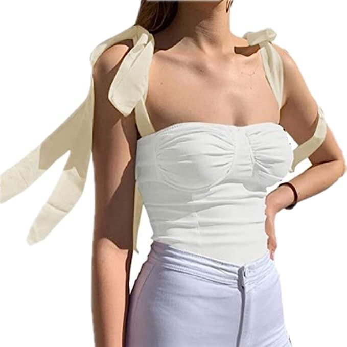 YOOJOO Women's Solid Color Camisole Tie Shoulder Mesh Strap Cami Top Sleeveless Summer Tank Crop ... | Amazon (US)