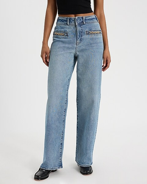 High Waisted Medium Wash Horsebit Wide Leg Jeans | Express
