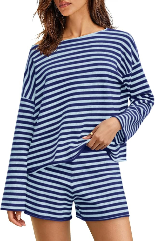 SENSERISE Womens 2 Piece Striped Set Off the Shoulder Sweater Shorts Sets | Amazon (US)