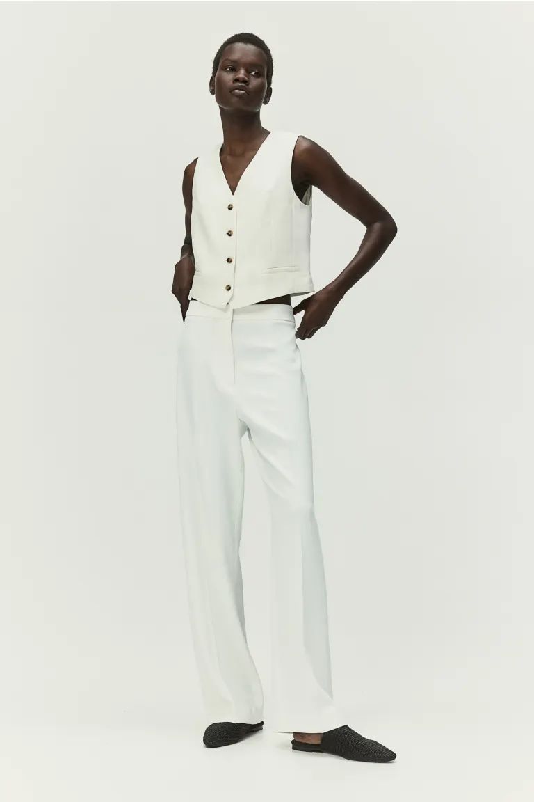 Wide trousers - High waist - Long - White - Ladies | H&M GB | H&M (UK, MY, IN, SG, PH, TW, HK)
