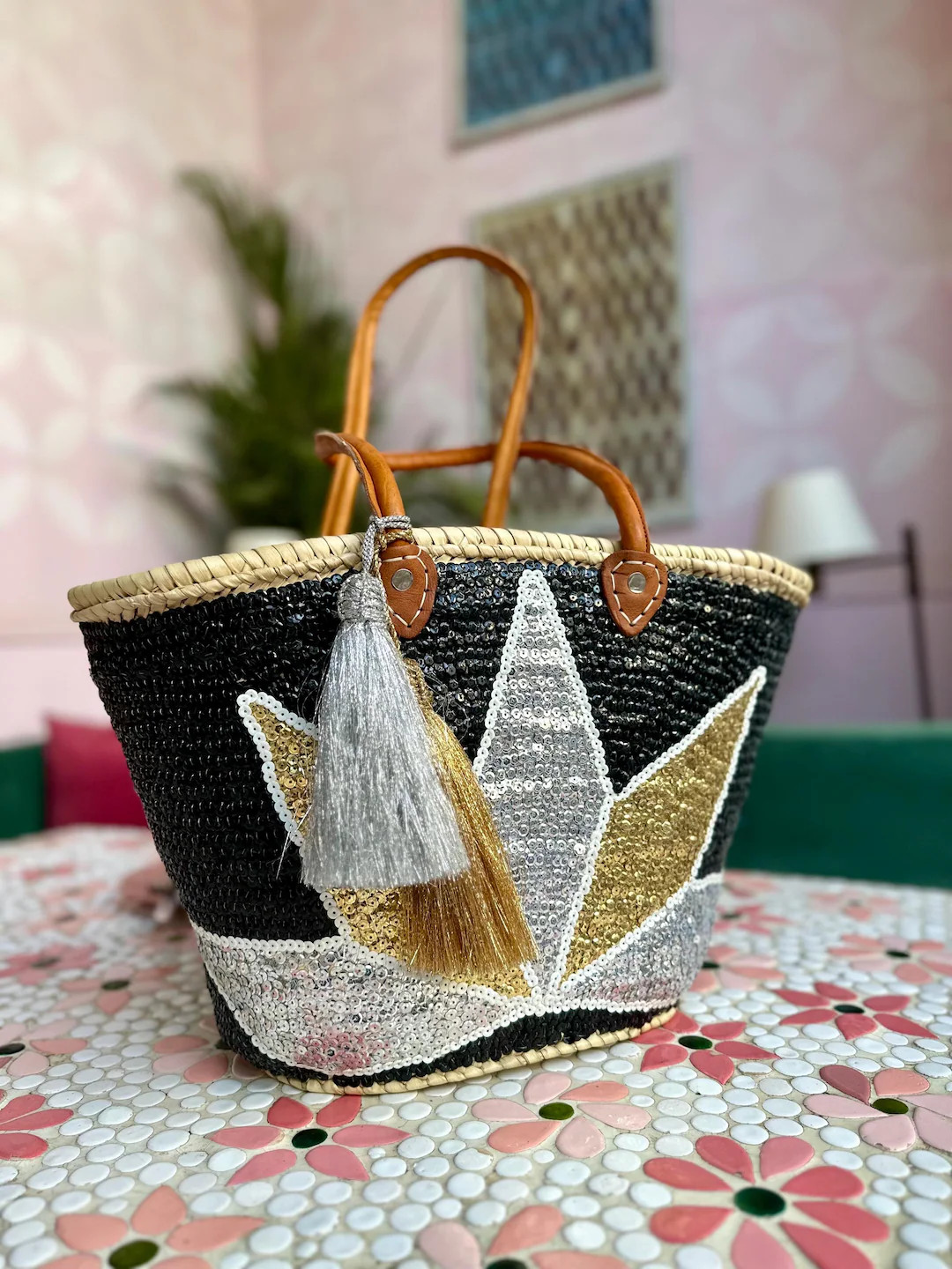 Straw bag sequins | Straw Basket Bag Leather Handles | Moroccan Handwoven Straw Bag | Straw Bag  ... | Etsy (US)