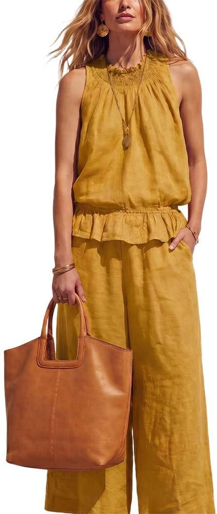 Linen Sets for Women 2 Piece Summer Outfits, Sleeveless Two Piece Sets for Women Summer Wide Leg ... | Amazon (US)