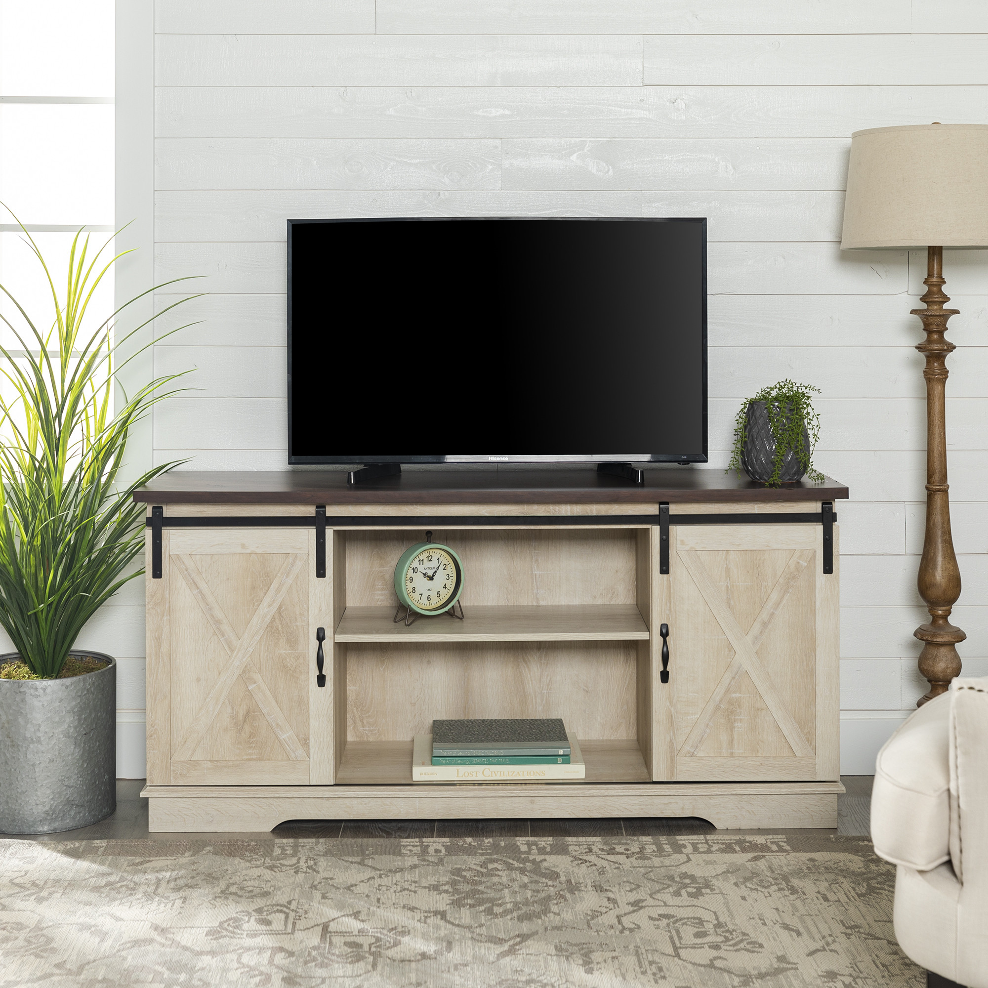 White & Rustic Oak Barn Door TV Stand for TVs up to 64" by Manor Park | Walmart (US)