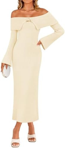 ZESICA Women's Spring Off Shoulder Sweater Dress 2026 Bell Long Sleeve Ribbed Knit Bodycon Formal... | Amazon (US)