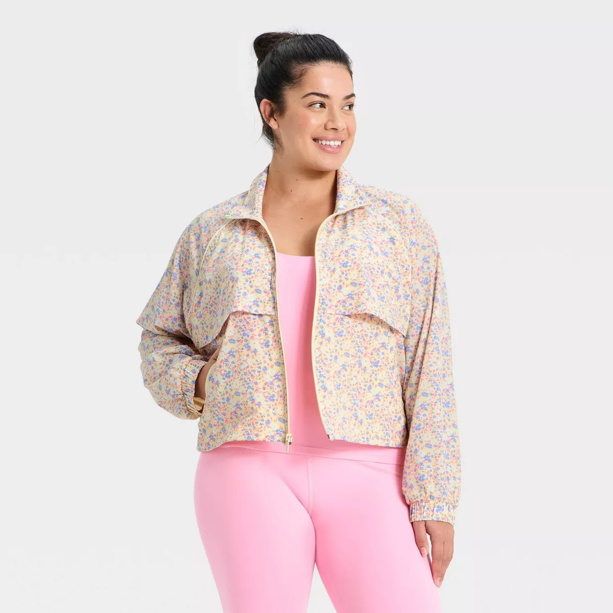 Women's  Lightweight Run Windbreaker Jacket - All In Motion™ Yellow Floral Print M | Target
