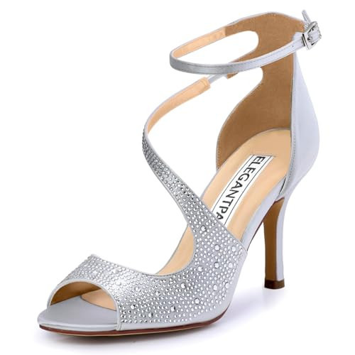 ELEGANTPARK Silver Heels for Women Peep Toe Rhinestone Sandals Wedding Shoes for Bride High Heel Ankle Strappy Sandals Sparkly Satin Evening Prom Party Shoes Buckle US 8.5 | Amazon (US)