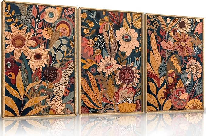 HOURIA Large Orange Flower Framed Canvas Wall Art Set,Boho Mid Century Modern Floral Botanical Wa... | Amazon (US)