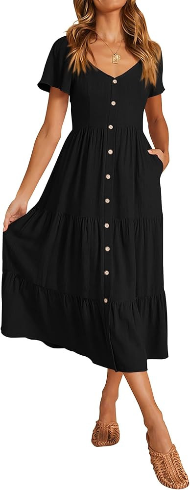 KIRUNDO Women 2025 Spring Summer Casual Linen Short Sleeve Midi Dress Button V Neck Tiered Vacati... | Amazon (US)
