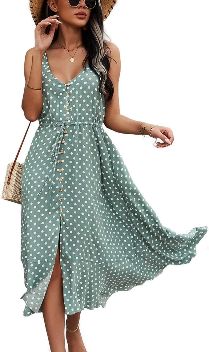 BROVAVE Women's 2025 Summer Casual Boho Sundress Polka Dot Spaghetti Strap V Neck Flowy Midi Dres... | Amazon (US)