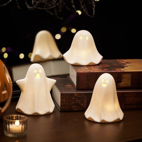 Light Up Ghost Halloween Decor, Cute Halloween Decorations Indoor, 3PCS LED Ceramic Ghost for Halloween Table,Desk,Tray,Shelf, Bedroom Decor, White Spooky Halloween Figurines,Fall Decorative Ghost | Amazon (US)
