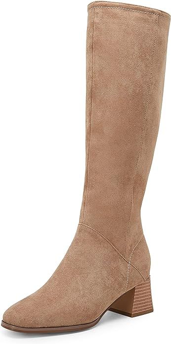 Womens Knee High Boots Mid Chunky Heel Round Toe Faux Suede Side Zipper Riding Booties | Amazon (US)