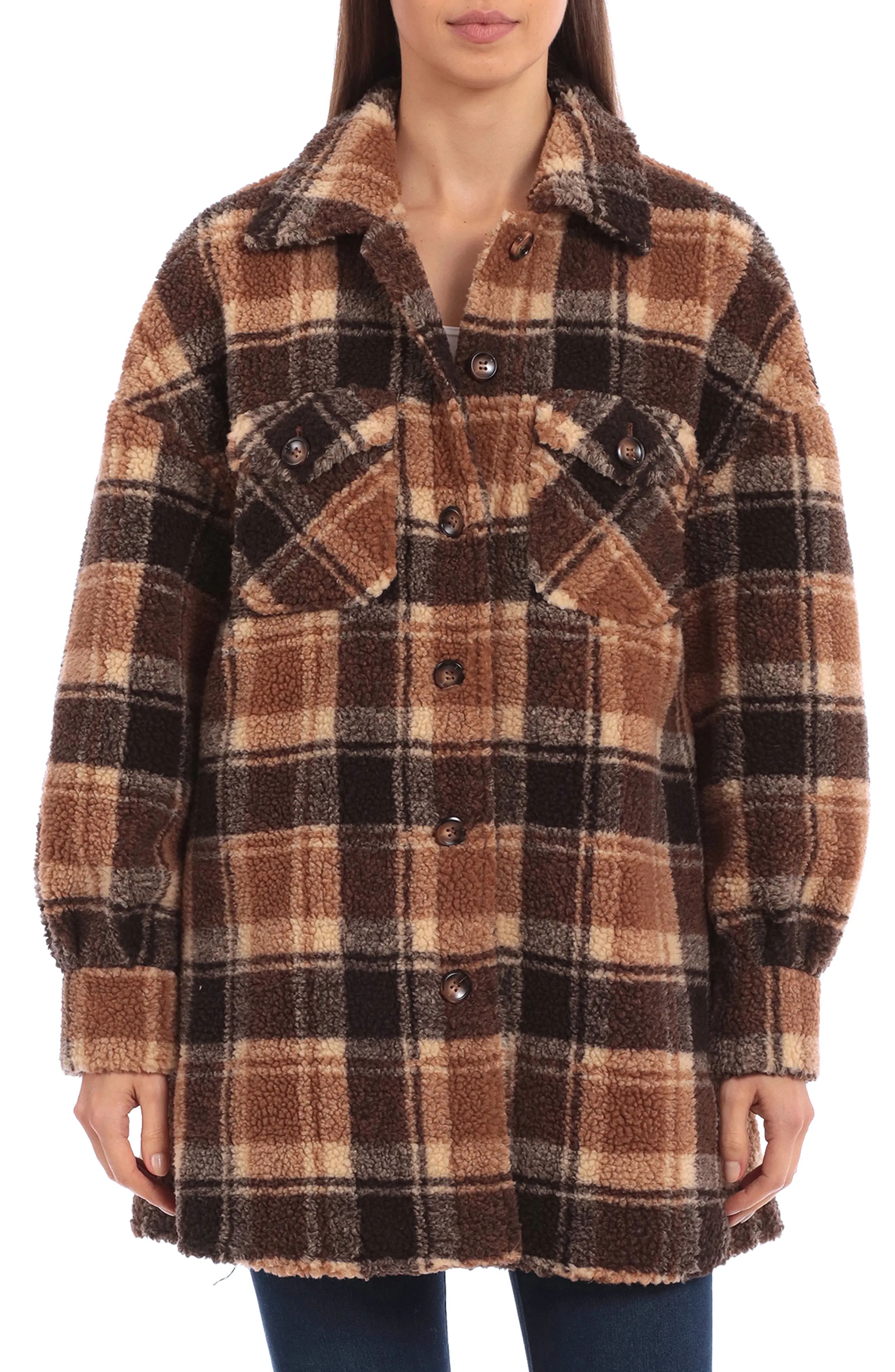 Avec Les Filles Plaid Teddy Fleece Shirt Jacket in Taupe Plaid at Nordstrom, Size Small | Nordstrom