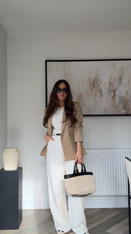 Neutral outfit, formal outfit, work inspiration, raffia bag, diish trousers formal trousers, work outfit, M&S blazer, tan blazer, & other stories, adidas trainers 

#LTKstyletip #LTKSeasonal #LTKeurope
