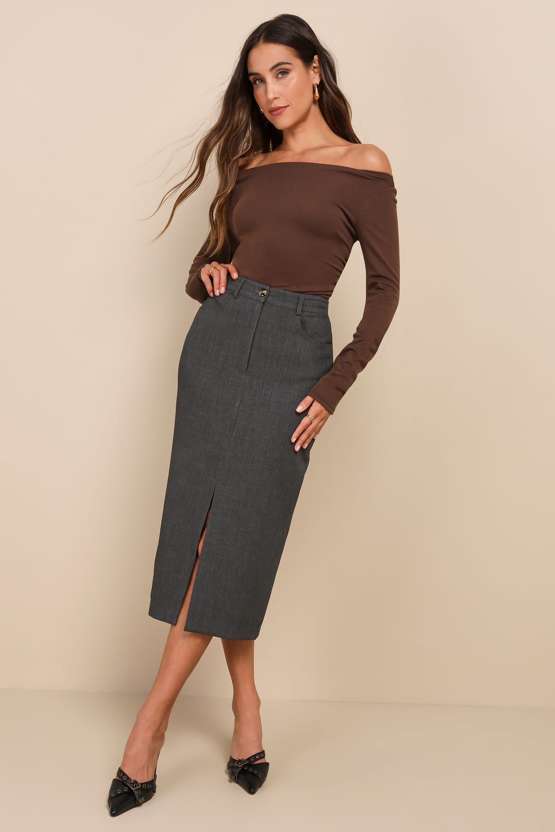Full-Time Fashionista Dark Grey High-Waisted Column Midi Skirt | Lulus