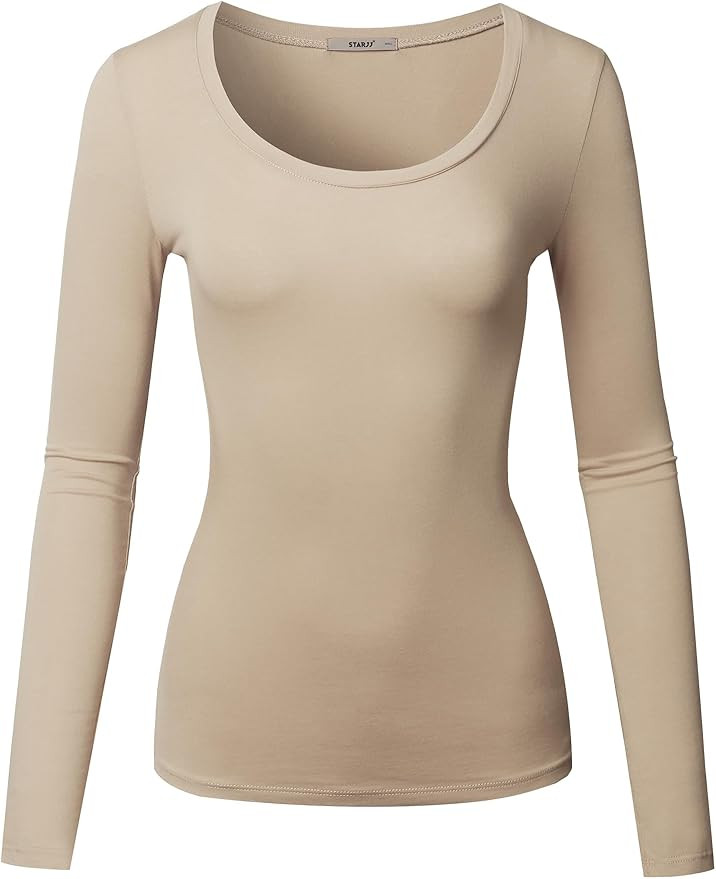 Womens Basic Active Strethcy Cotton Slim Fit V-Neck & Scoop Neck Long Sleeve T-Shirt Top (S-2XL) | Amazon (US)