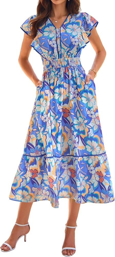 GRACE KARIN 2026 Summer Wedding Guest Dresses for Women Ruffle Sleeve Boho Midi Dress Smocked Flo... | Amazon (US)
