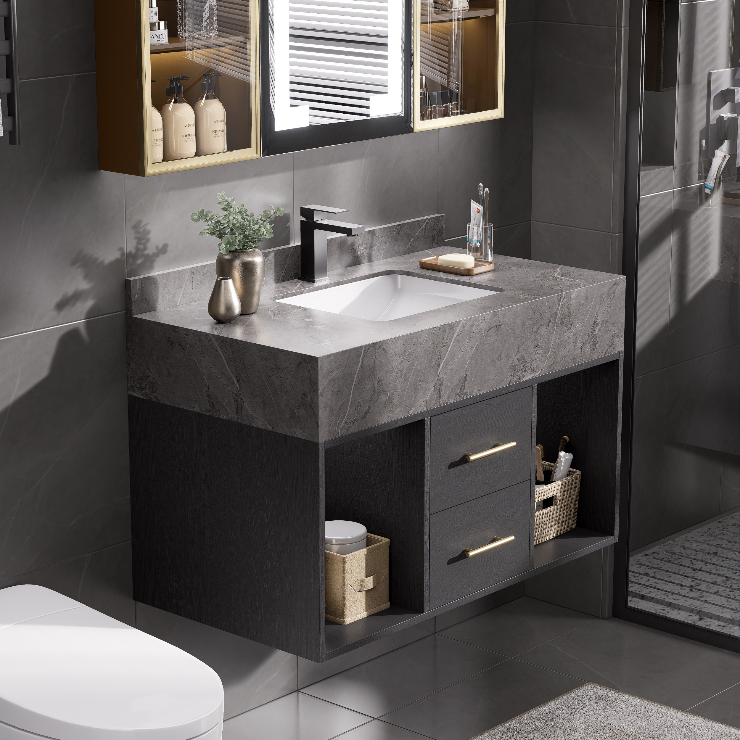 35"" Floating Bathroom Vanity with Cultured Marble Vessel Sink with 2 Drawers Black & Gray | Homary