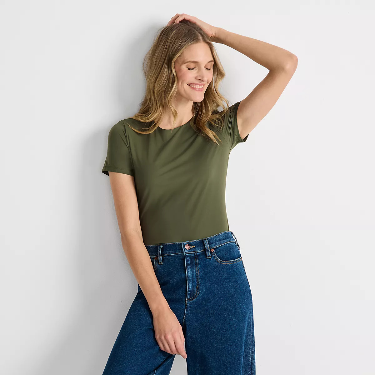 Womens Short Sleeve Tugless Double Layer Crew Neck Knit Top | Lands' End (US)