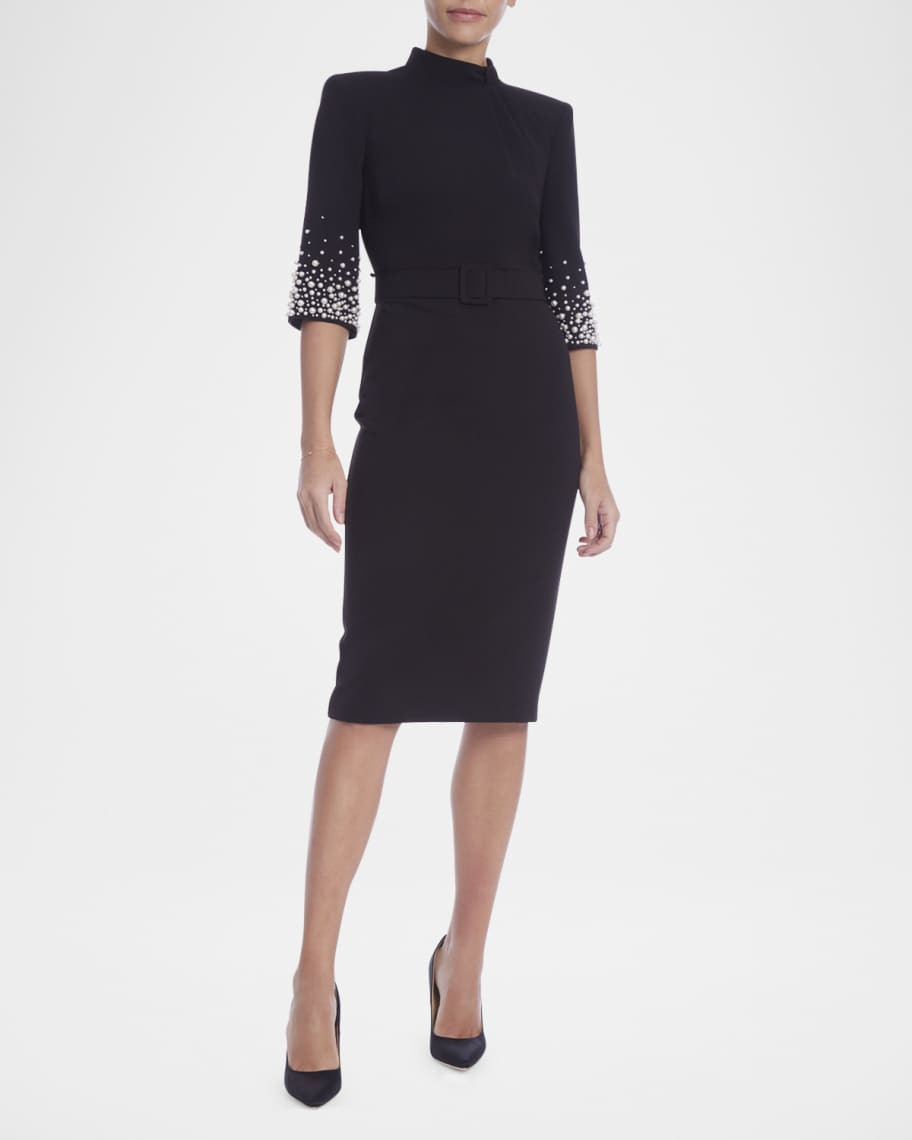 Pearly-Trim Midi Sheath Dress | Neiman Marcus