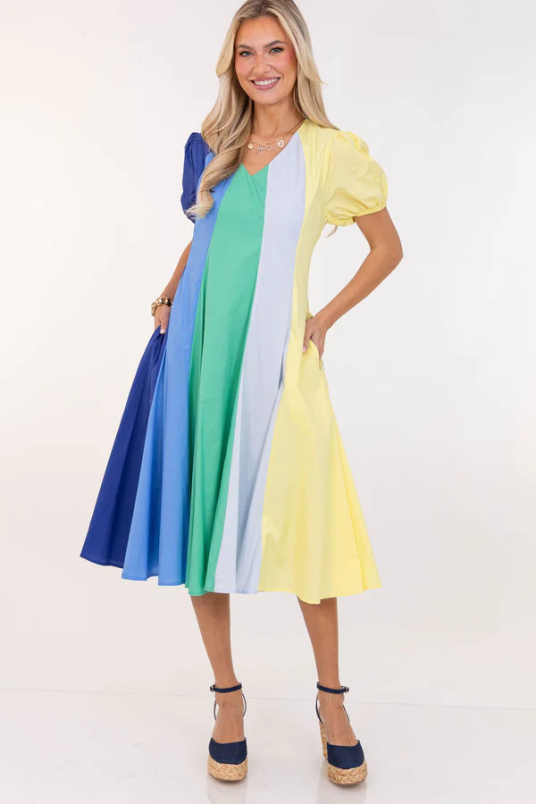 Feeling Settled Blue Colorblock Midi Dress | The Mint Julep Boutique