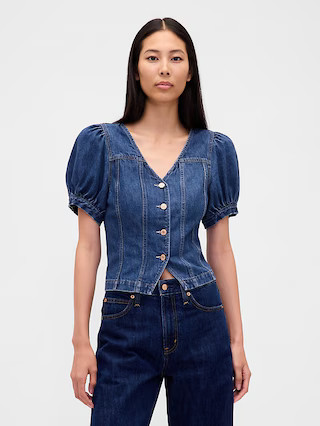 Denim Puff-Sleeve Seamed Top | Gap (US)