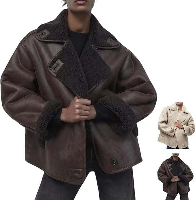 Womens Winter Thick Sherpa Lined Faux Suede Jacket, Retro Long Sleeve Lapel Warm Biker Fleece She... | Amazon (US)