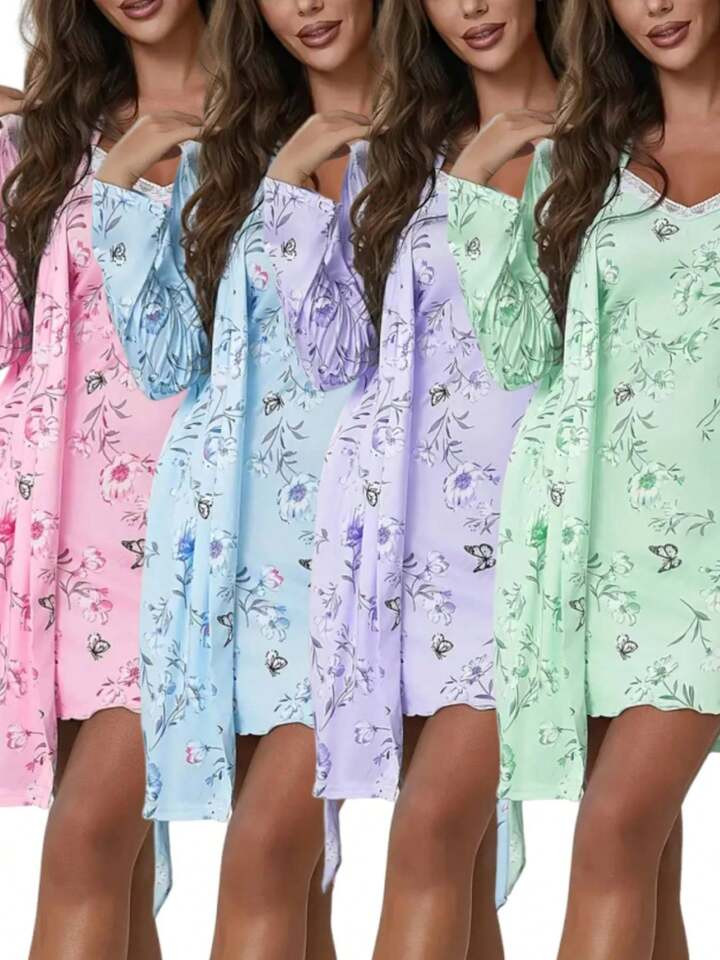2-Piece Pajamas Set Lace-Trimmed Suspender Skirt And Robe Pajamas Set, Suspender Pajamas With Pri... | SHEIN