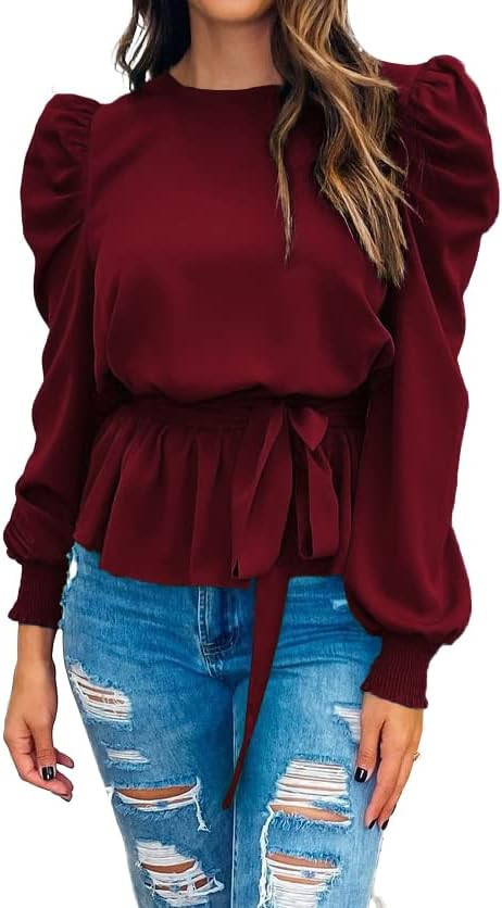PRETTYGARDEN Women's Fashion Puff Long Sleeve Blouses Satin Tie Waist Peplum Work Blouse Dressy C... | Amazon (US)