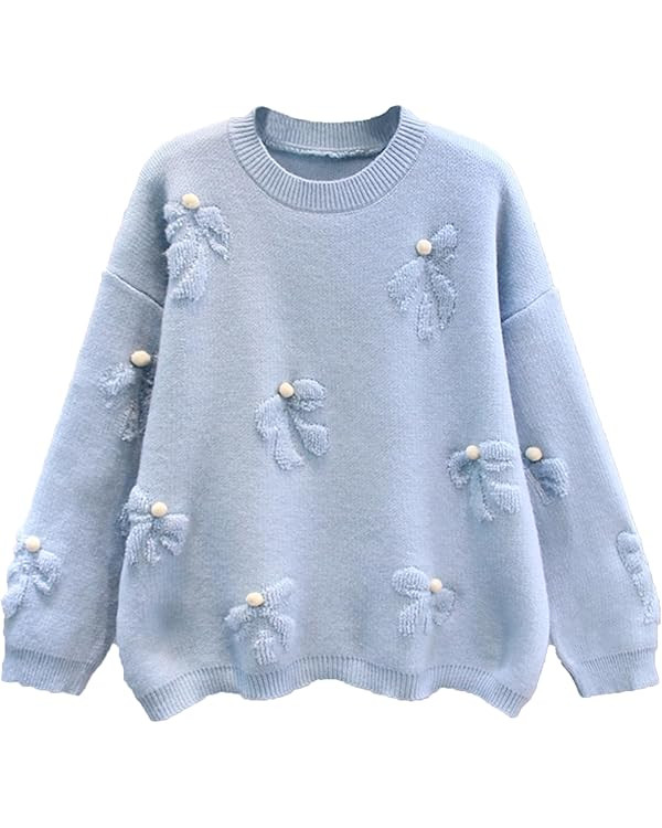 Women's Cute Bow Slouchy Pullover Sweater Fall/Winter Solid Loose Crewneck Long Sleeve Crochet Kn... | Amazon (US)