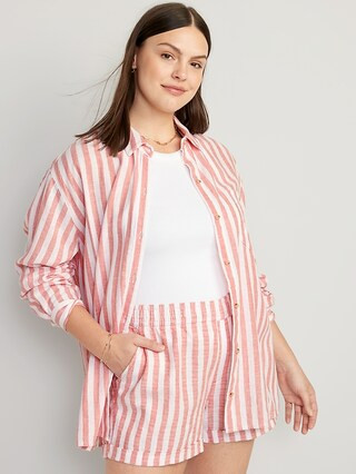 Oversized Striped Linen-Blend Boyfriend Shirt for Women | Old Navy (US)