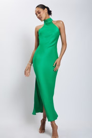 Claire Satin Drape Back Maxi Dress with Split - Green | MESHKI US