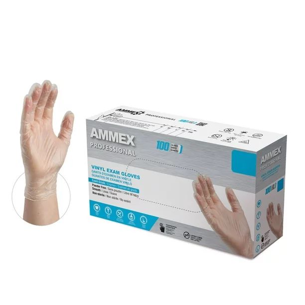 AMMEX Vinyl, Latex Free, Powder Free, Medical Disposable Gloves, Medium, Clear, 100/Box | Walmart (US)