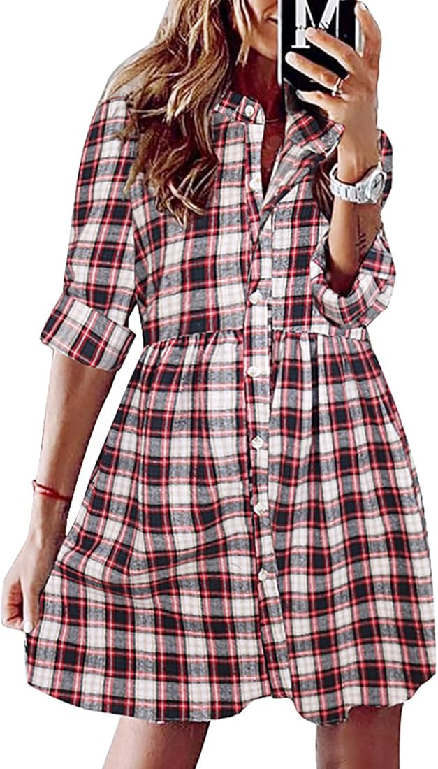 Women's Gingham Stand Collar Shirt Dress Button Down Casual Long Sleeve Tie Sleeves Mini Plaid Sh... | Amazon (US)