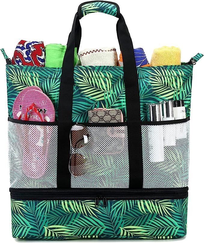 Beach Bag with Cooler Zipper Pool bag Women Waterproof Sandproof Beach Tote Bags Top Large Beach ... | Amazon (US)