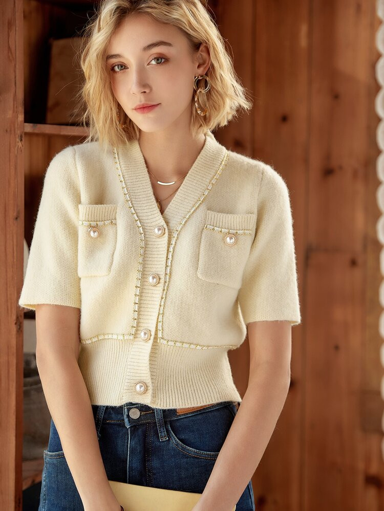 Knit Mix Pocket Patched Contrast Trim Cardigan | SHEIN