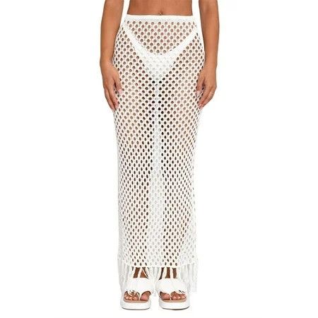 Women s Crochet Beach Cover Up Skirt Sexy Hollow Out Mesh Tassel Knit Wrap Sheer Maxi Sarong Swimwear | Walmart (US)