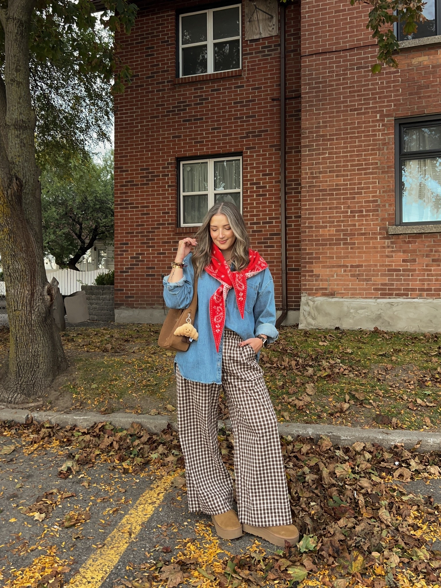 Casual fall outfit! Wearing size L in the denim shirt (Canadian link under “similar products”). Plaid pants are super comfy, I’m wearing M. I’m a 9.5-10 shoe and wear a 10 in the Uggs. My red bandana scarf is low stock, so I linked a bunch of similar options

#LTKfall #LTKstyletip #LTKsale