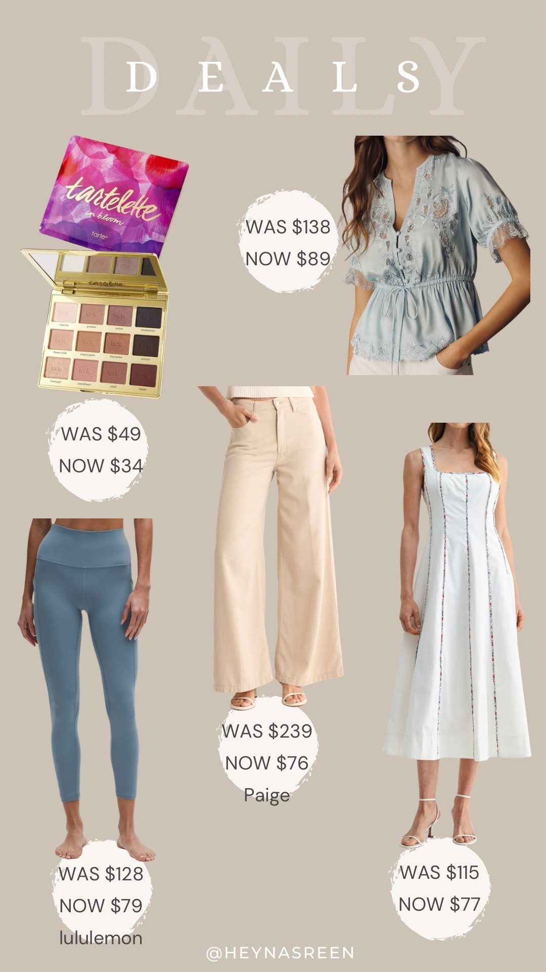 Daily deals on Tarte in bloom palette, Anthropologie blouse, Mila Mae dress, Paige jeans, lululemon leggings