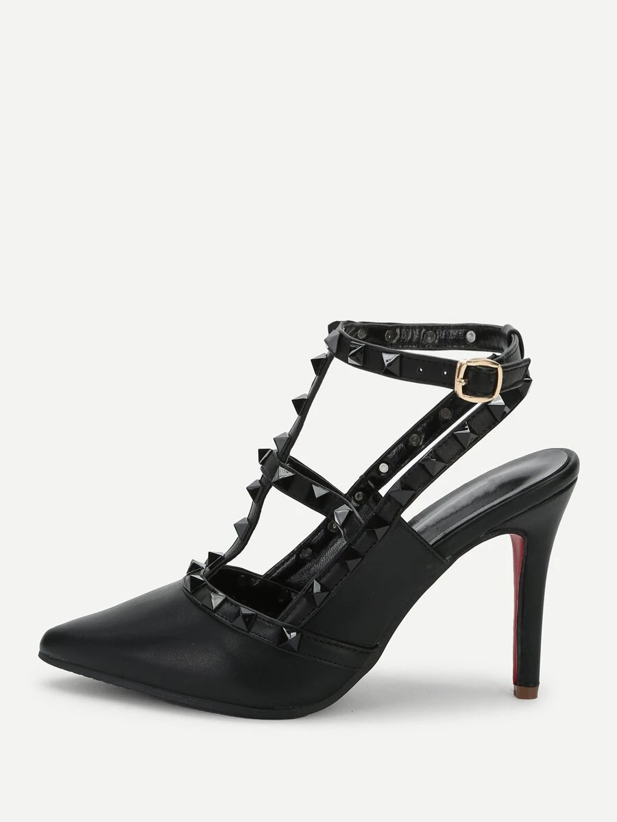 Rivet Detail Ankle Strap Stiletto Heels | SHEIN