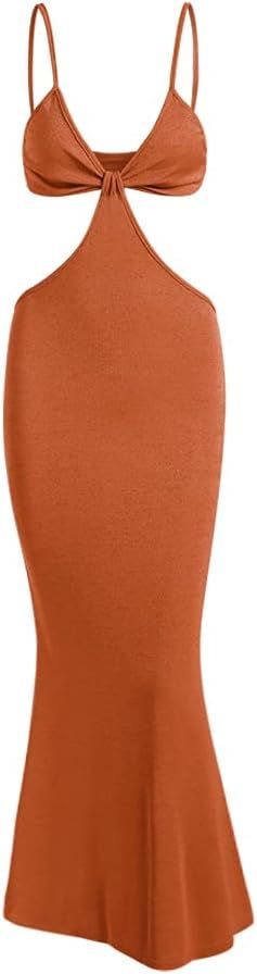 ZAFUL Women's Solid Spaghetti Strap Thigh Split Slinky Maxi Dress | Amazon (US)