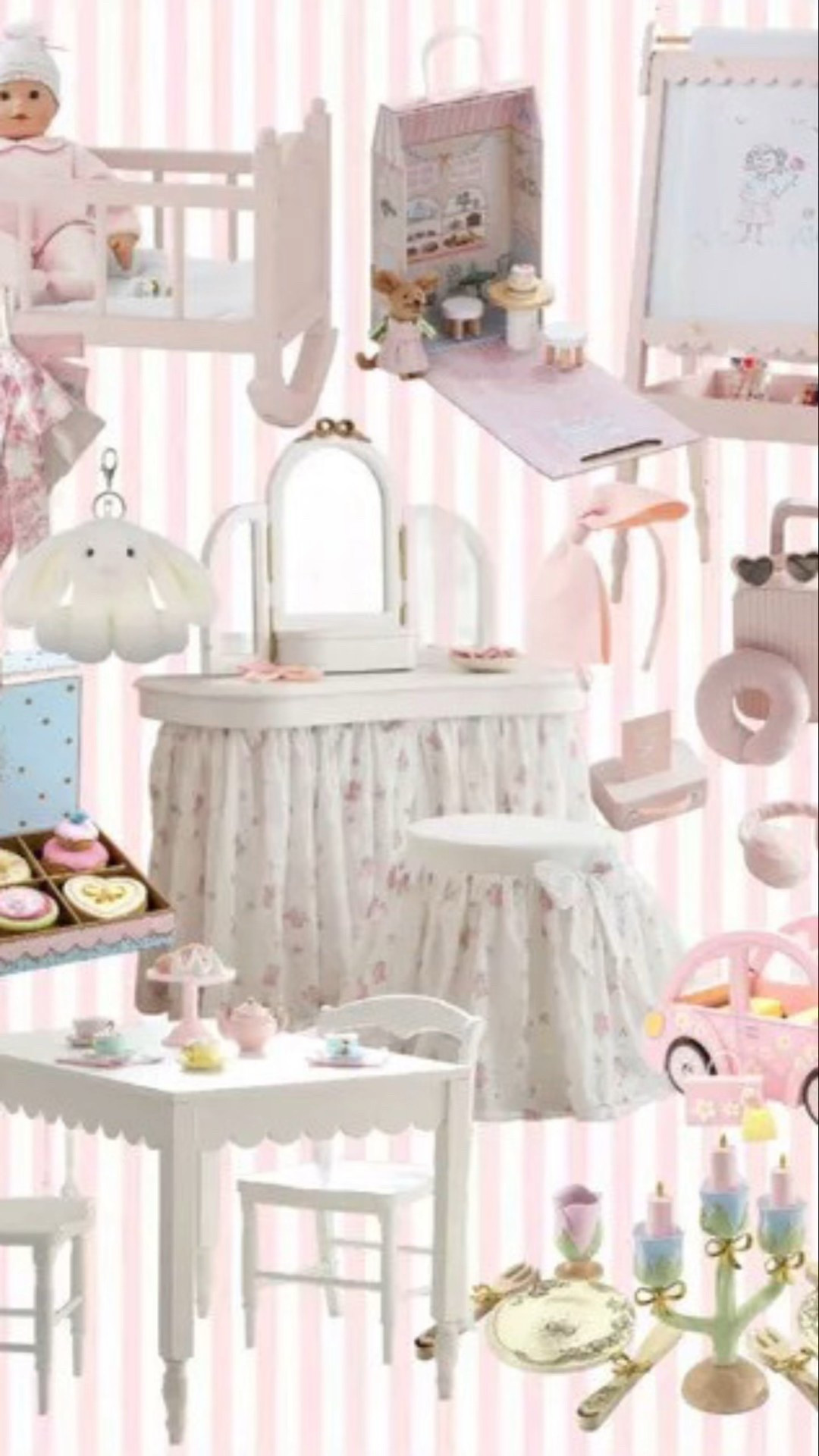 A charming vintage-inspired nursery styled in soft blush and ivory tones. This sweet space features a classic doll cradle, miniature vanity with skirted table, delicate tea set, pastel toy storage, a baby walker, and timeless nursery furniture. Perfect for a girly nursery or playroom, the mix of heirloom details, soft textures, and pastel accessories creates a whimsical, cozy, and storybook-like atmosphere

#LTKKids