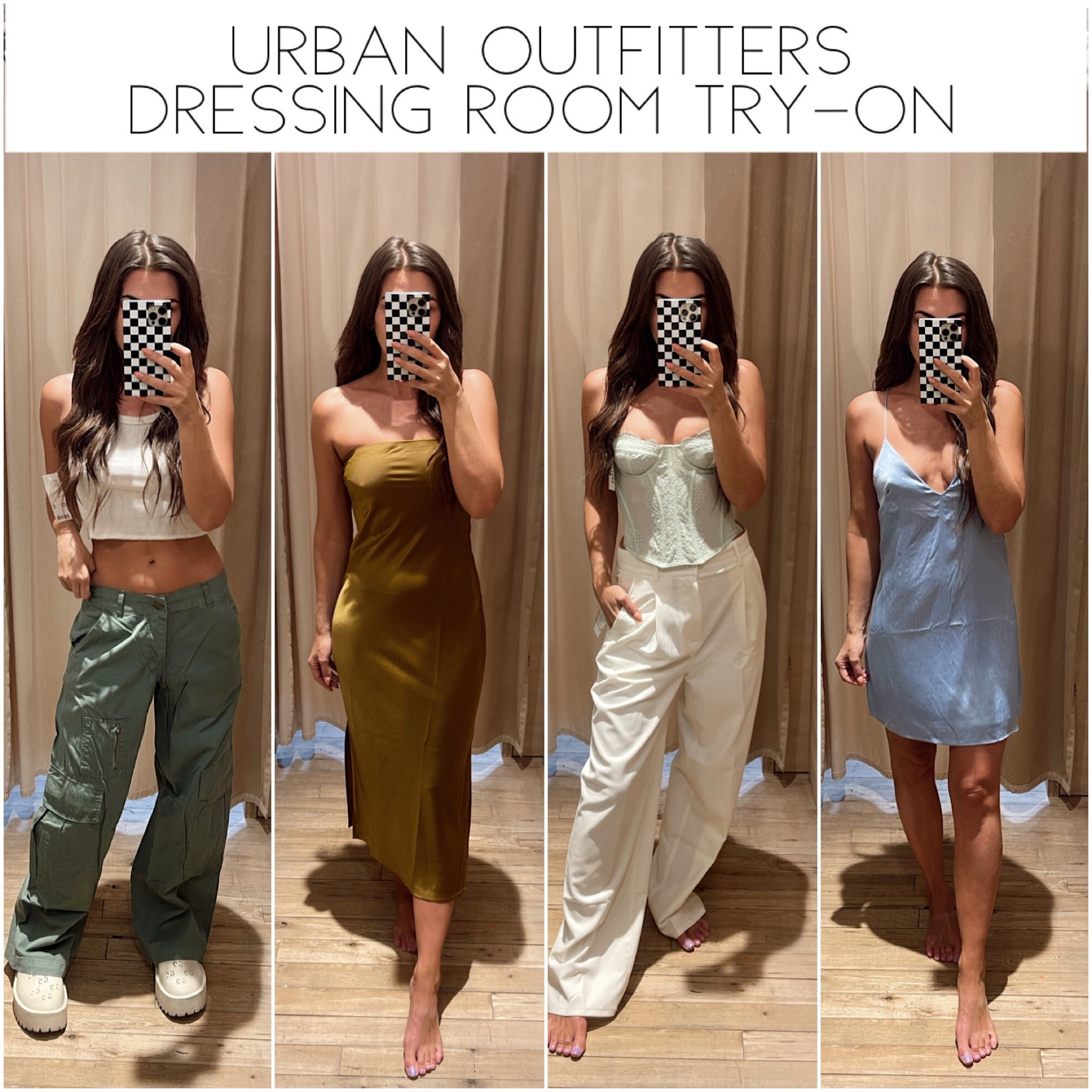 Urban Outfitters - Dressing Room Try-On 
-
1.  90s Tank Top
     (wearing a small)
    Rae Carpenter Pant
     (wearing a 2) 
2.  Modern Love Corset in Lt Green
     (wearing a small - fits fine around the 
      body but the boobs are tiny! I’m a 32B
      and it fit but barely) 
    High Rise Trouser Pants
     (wearing a small - felt a little big) 
3. Rina Strapless Satin Midi Dress in 
    Brown (looks more olive)
     (wearing an XS)
4. Kayjay Satin Strappy Back Mini Dress
     (wearing a small - I should have done 
      XS)



#LTKsalealert #LTKstyletip #LTKunder100
