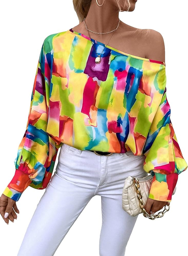 GORGLITTER Women's Allover Print Off Shoulder Work Blouse Top Long Sleeve Asymmetrical Neck Casua... | Amazon (US)