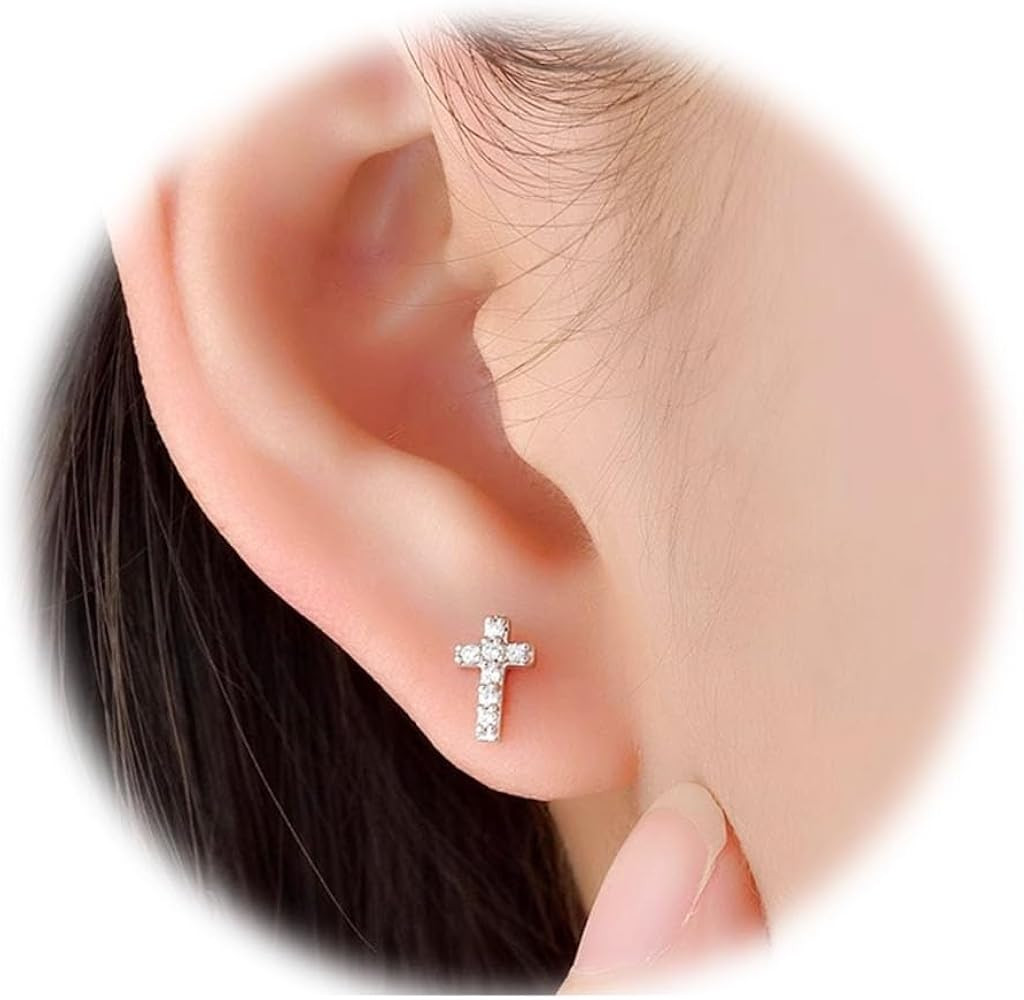 14K White Gold Plated Small Cross Silver Stud Earrings, Hypoallergenic Pave CZ Tiny Cross Stud Ea... | Amazon (US)