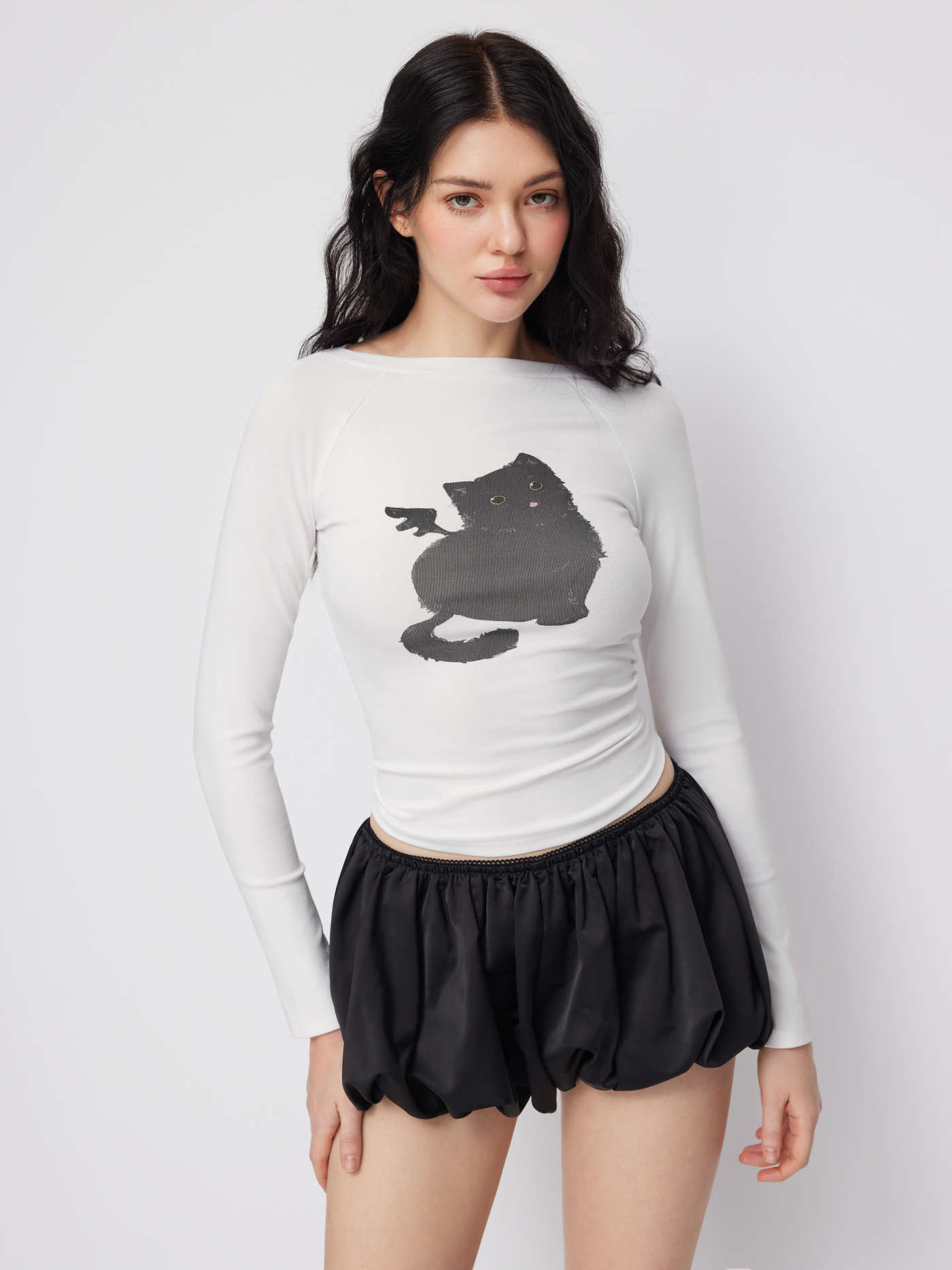 Knit Fabric Cotton-blend Cat Graphic Boat Neck Long Sleeve Curved Hem Tee For Daily Casual | Cider