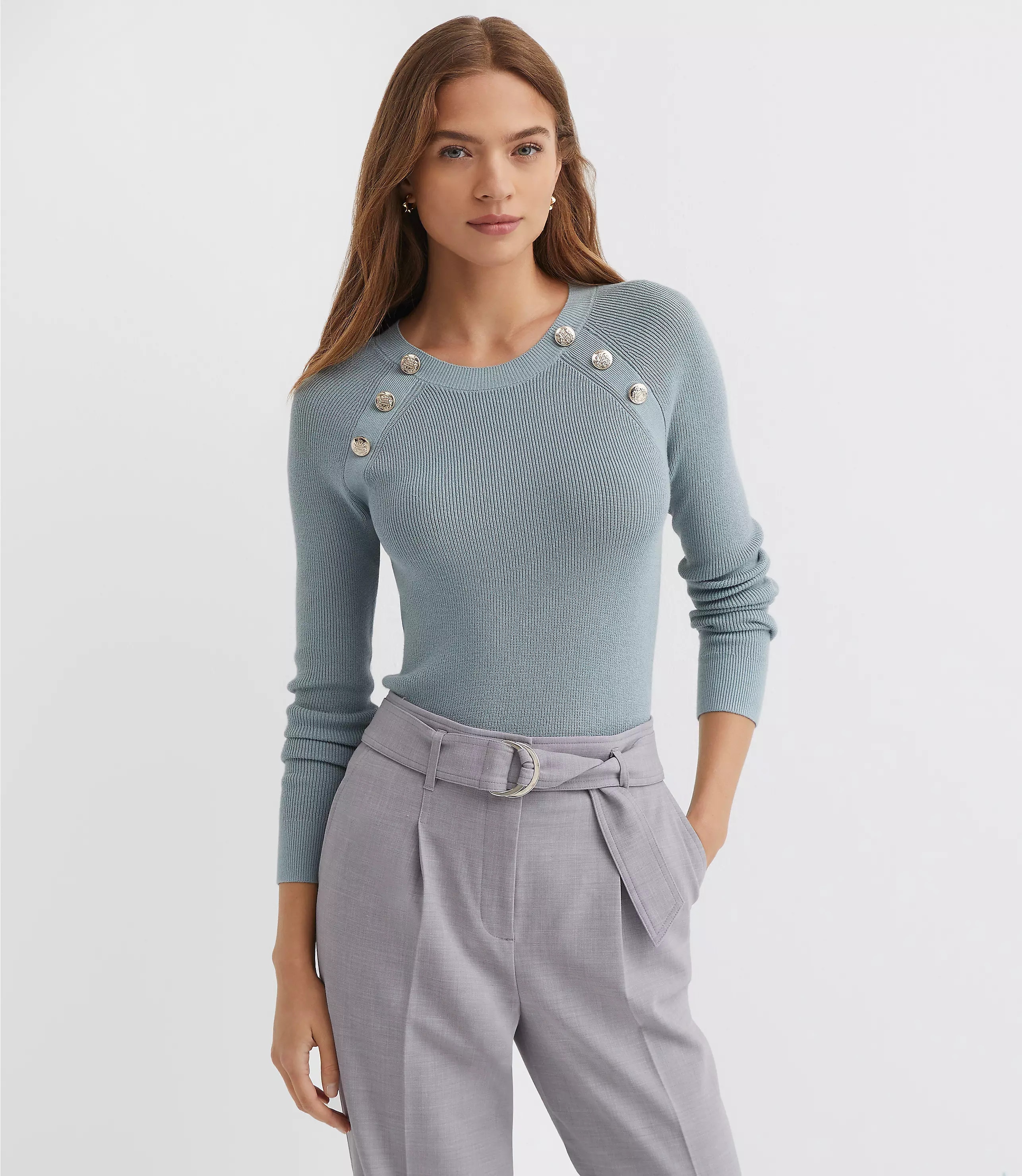 Button Ribbed Raglan Sweater | LOFT