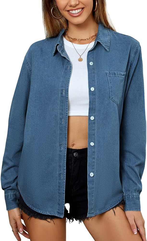 PJ PAUL JONES Women's Button Down Jean Shirt Casual Long Sleeve Classic Denim Blouse Relaxed Fit ... | Amazon (US)