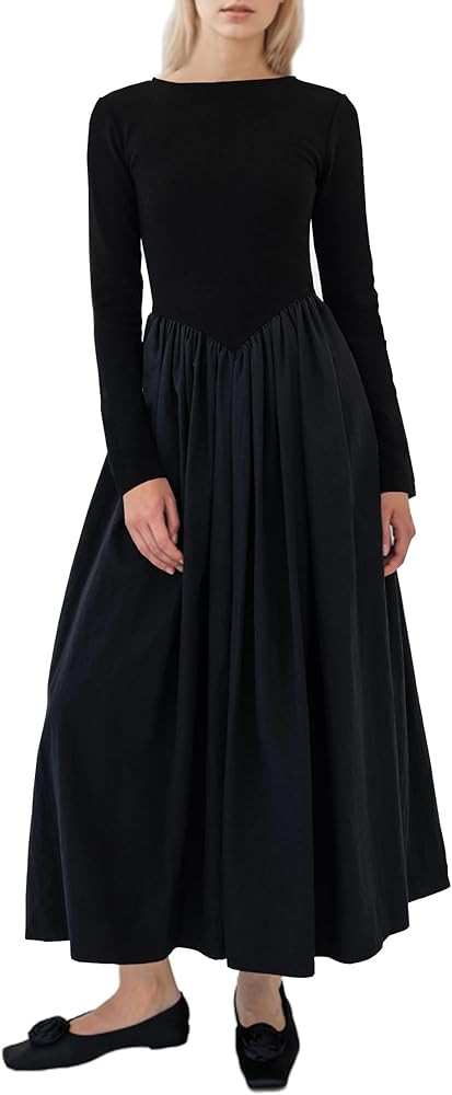 Women Boat Neck Long Sleeve Maxi Dresses Slim Fit Drop-Waist Patchwork Dress Flowy Swing Fall Lon... | Amazon (US)